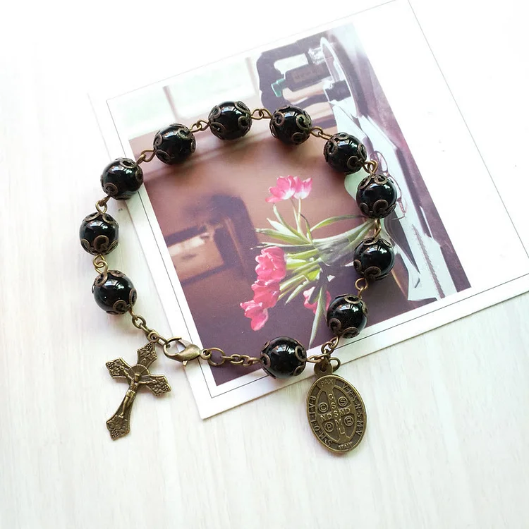 Olivenorma Obsidian Holy Medal Cross Pendant Rosary Bracelet