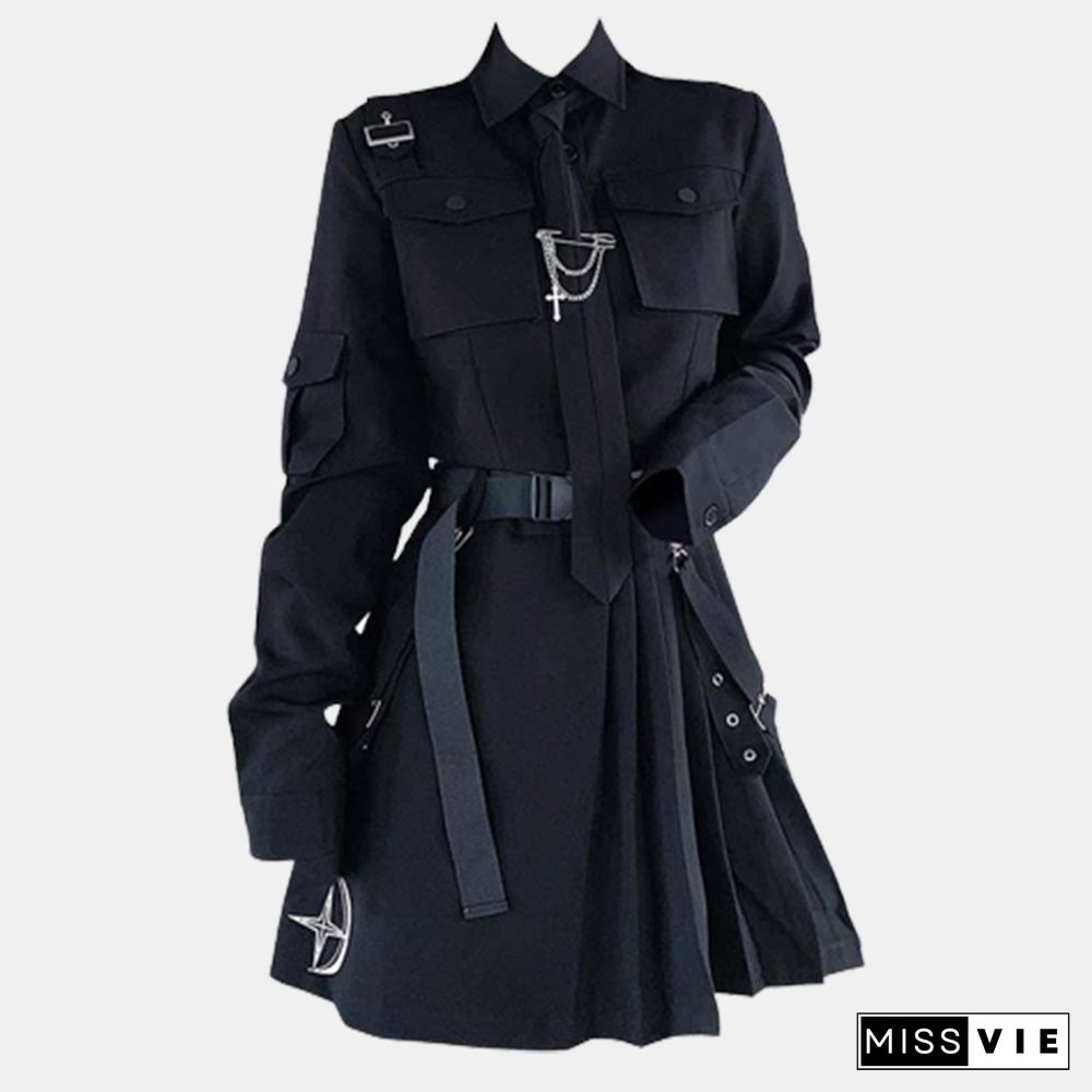 Cool Pocket Shirt Pleated Skirt Tie Set