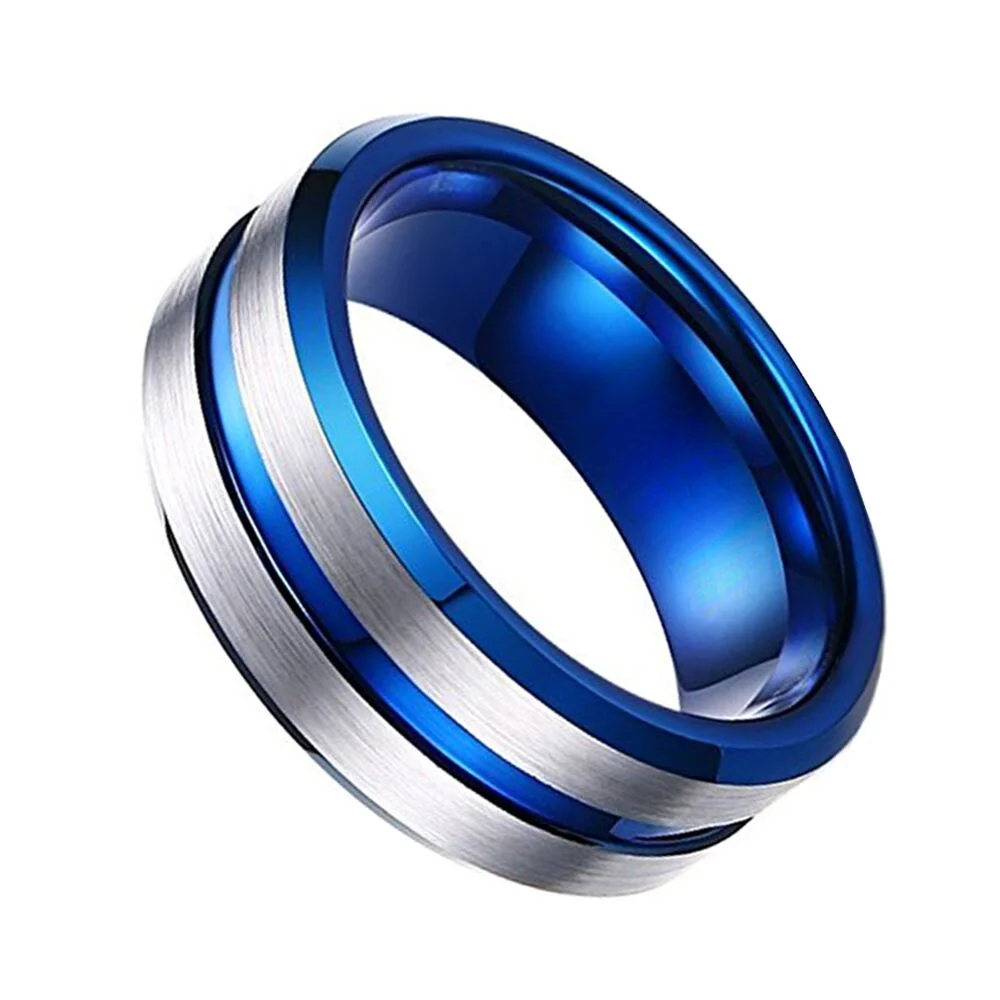 6MM 8MM Blue Mens Silver Brushed Grooved Tungsten Wedding Bands