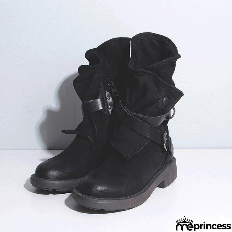 Women's Plus Size Adjustable Buckle Mid-Calf Motorcycle Boots