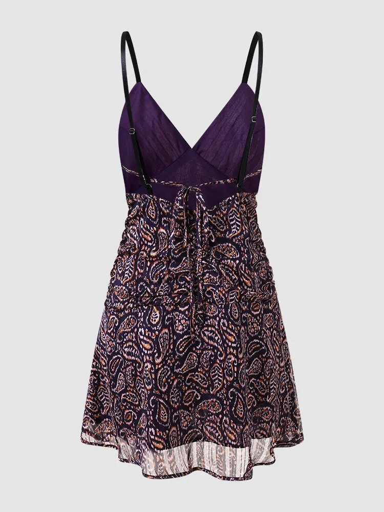 Paisley Print Open Back Adjustable Strap Knotted Vintage Dress