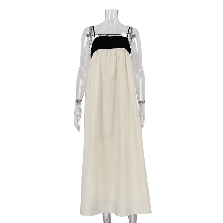 Ueong Ueong / Summer 2024 New Black And White Contrast Color Halter Dress Female French Fashion Sexy Show Back Long Bouffant Skirt