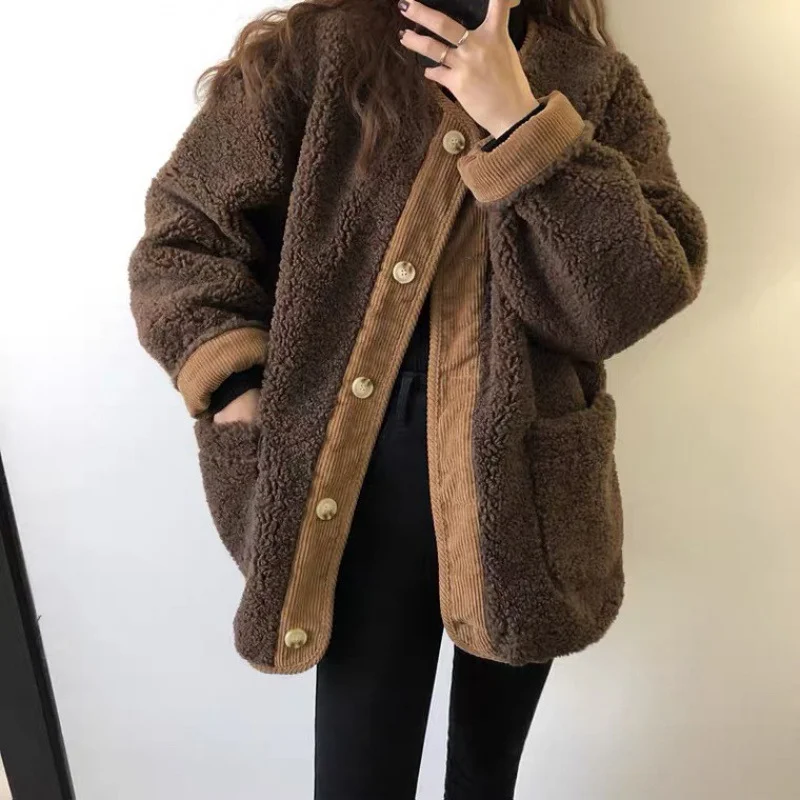 Winter Color Matching Thick Sheep Wool Cotton Jacket