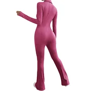 Ejimei Long Sleeve Jumpsuit Women Zipped Turn-down Collar Rompers Full Body Tight Fitting Woman Overalls Solid Ladies Flare Pants 2025