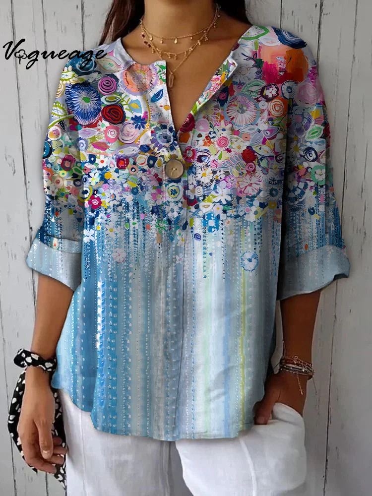 Fashionable Bright And Gentle Flowers Printed Cotton And Linen Shirt
