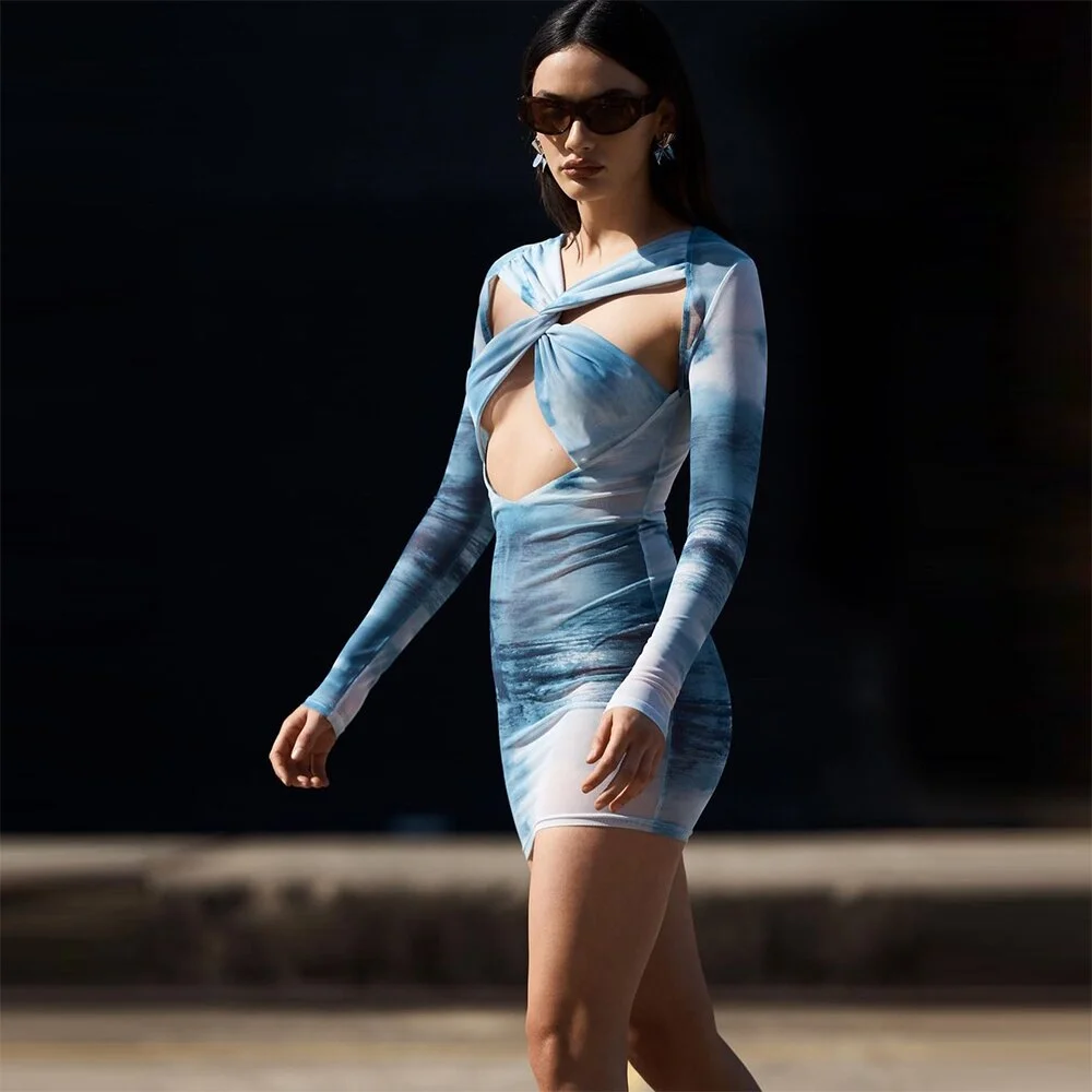 wsevypo Sexy Cross Hollow Out Bodycon Mini Dress Elegant Fashion Party Vestidos Women's Long Sleeve Short Sheath Dress Office