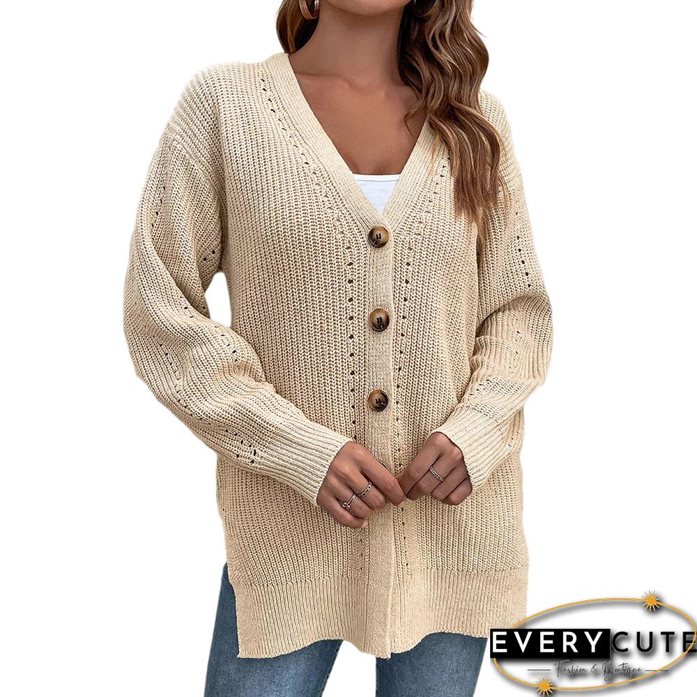 Khaki Hollow-out Button Split Cardigan