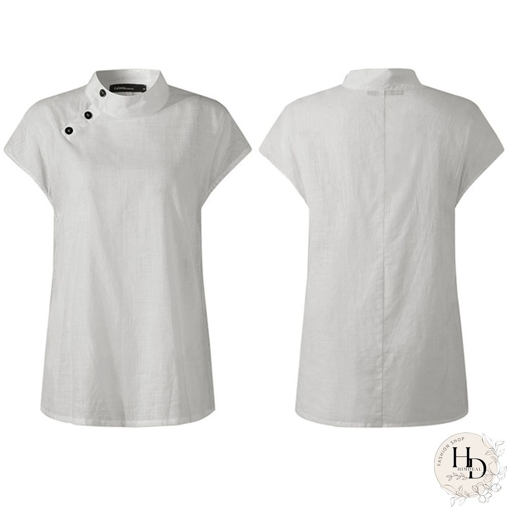Summer Women Batwing Short Sleeve Blouse Cotton Linen High Collar Casual Loose Shirt Plus