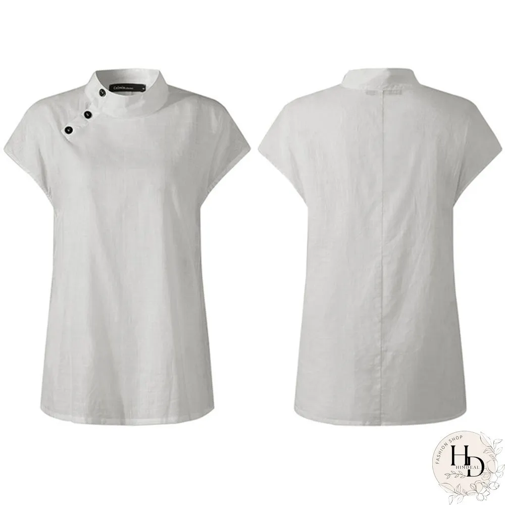 Summer Women Batwing Short Sleeve Blouse Cotton Linen High Collar Casual Loose Shirt Plus