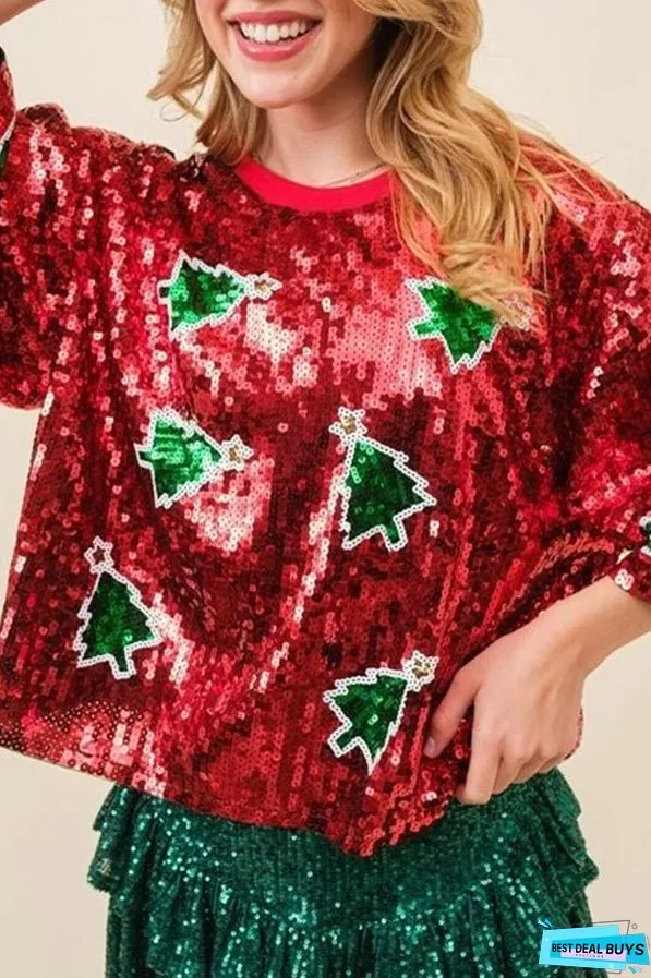 Eye Catching Christmas Sequined Pullover T Shirt