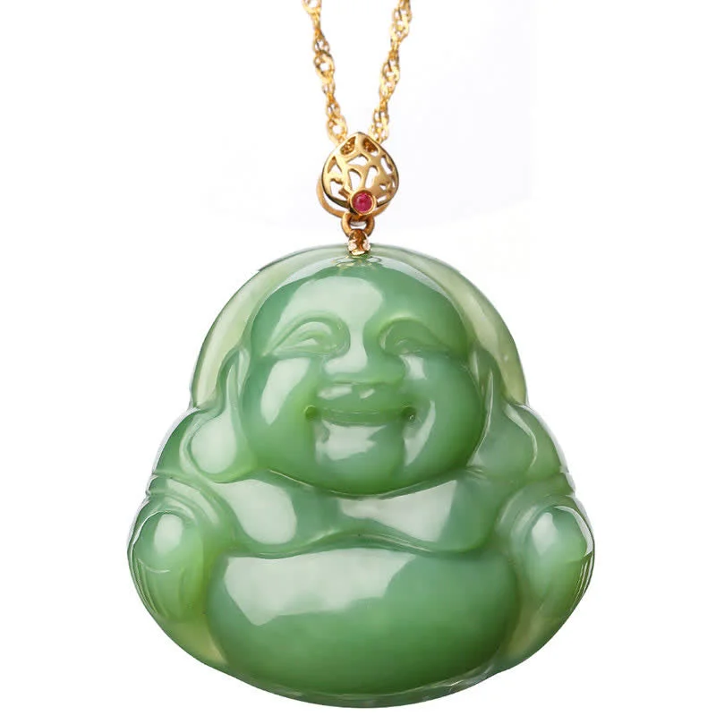 Laughing Buddha 925 Sterling Silver Hetian Cyan Jade Luck Chain Necklace Pendant