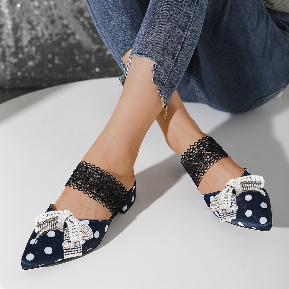 Navy Satin Polka Dot Low Heel Mules Shoes with Rhinestone Bow Nicepairs
