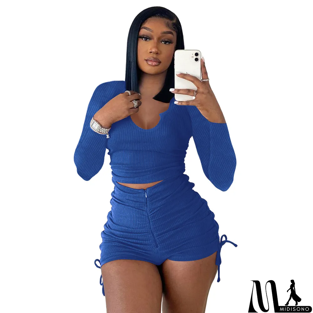 MidiSono - Women Spring Casual U Neck Long Sleeve Top+Pleated Shorts Two Piece