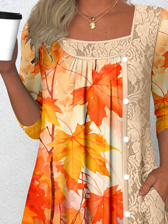 Women's Long Sleeve Scoop Neck Graphic Lace Buttons Top