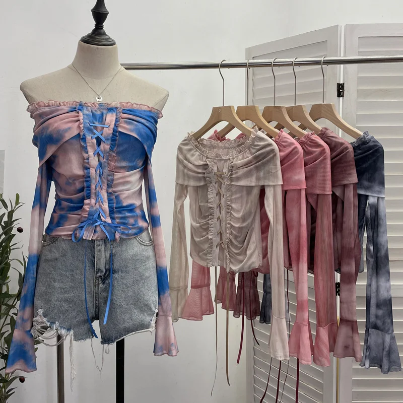 Uveng Vintage Dizzying Rope Tie To Close The Waist Umbilked Short Shoulder Horn Horn Long-Sleeved Top 2592