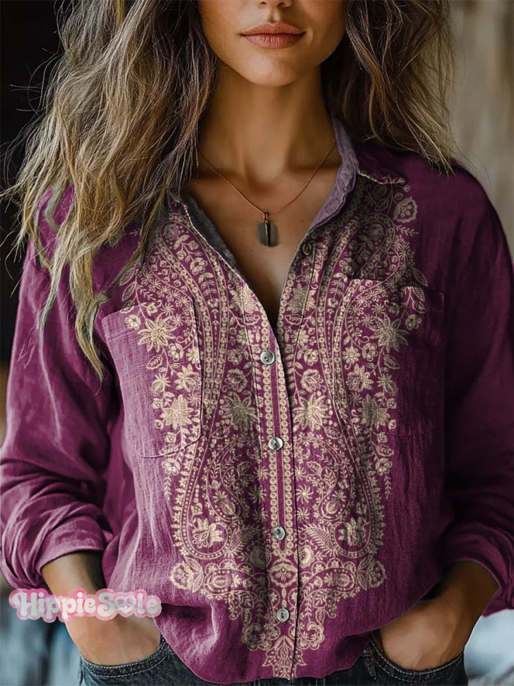 Ethnic Style Floral Pattern Printed Women’s Casual Long Sleeve Comfortable Cotton Shirt