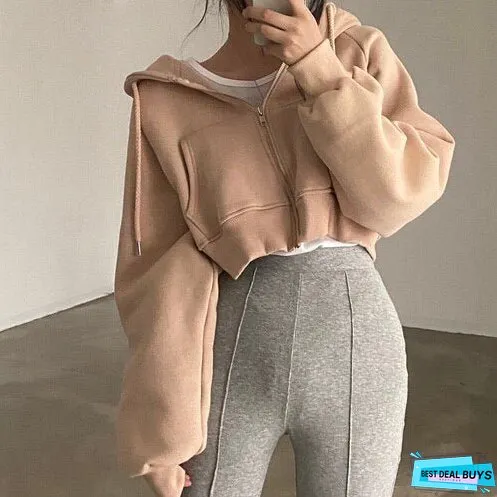 Autumn New Long Sleeve Hooded Hoodies Women Solid Color Kroean Style Vintage Sweatshirt