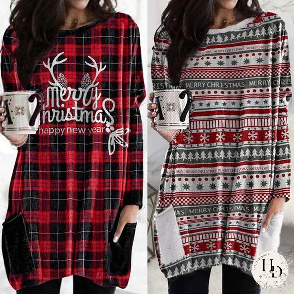 New Autumn Winter Fashion Women Casual Christmas Dress Casual Loose Funny Cartoon Printed Long Sleeve Straight Dresses