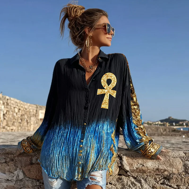 Women's Ancient Egyptian Ankh Gold Stamping Basic Shirt