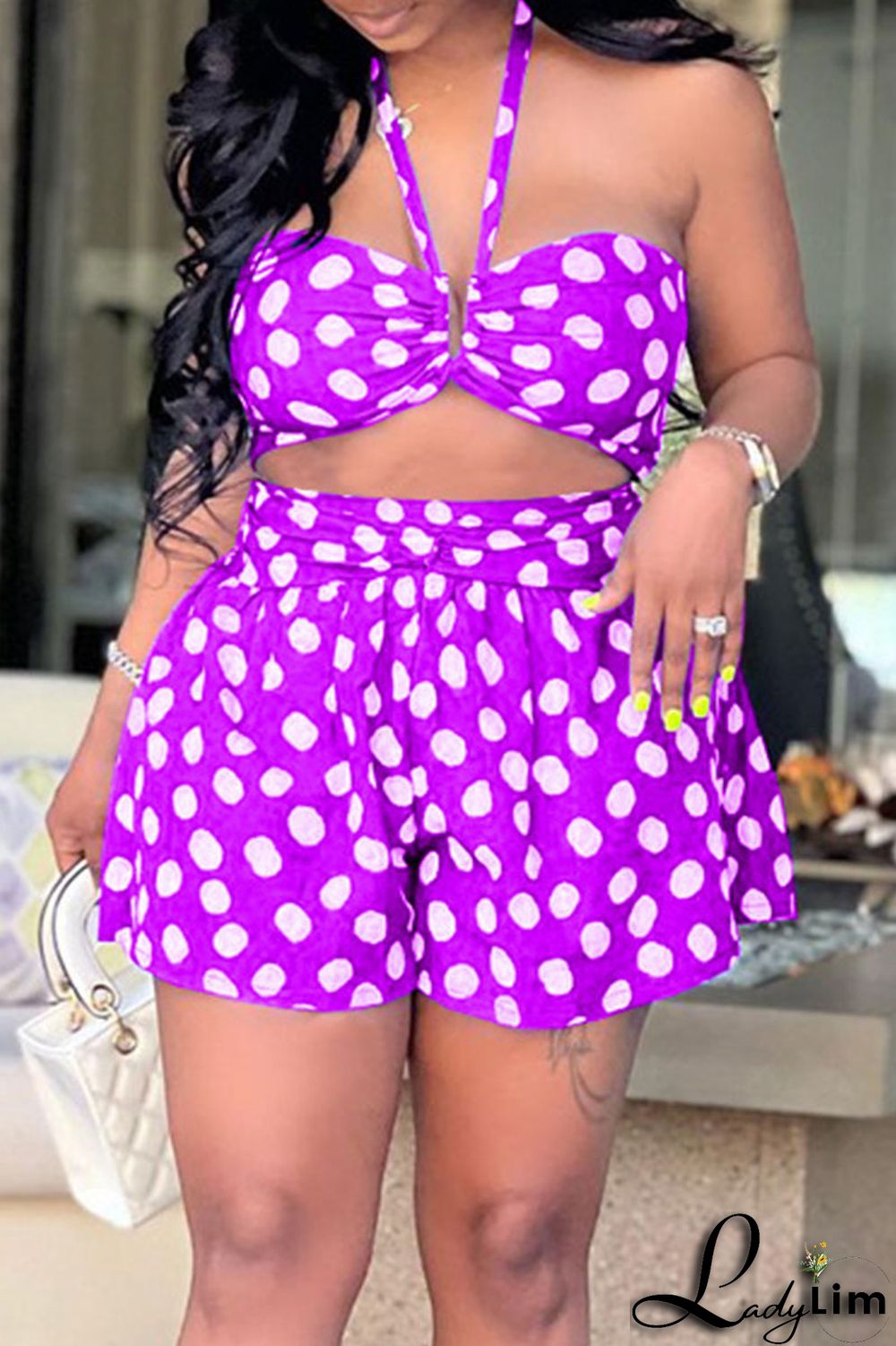 Red Sexy Print Polka Dot Split Joint Halter Sleeveless Two Pieces