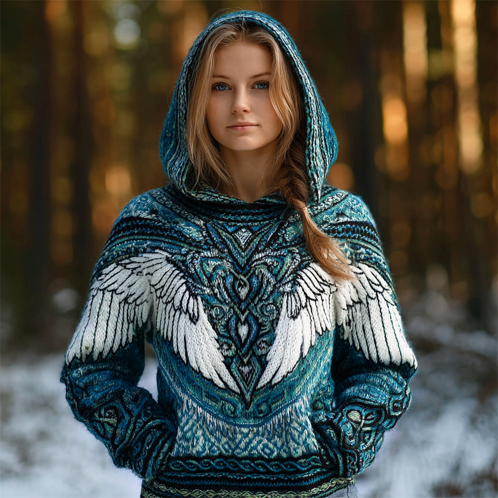 Viking Tribe Wings Pattern Women's Knit Hooded Sweater elevenforest
