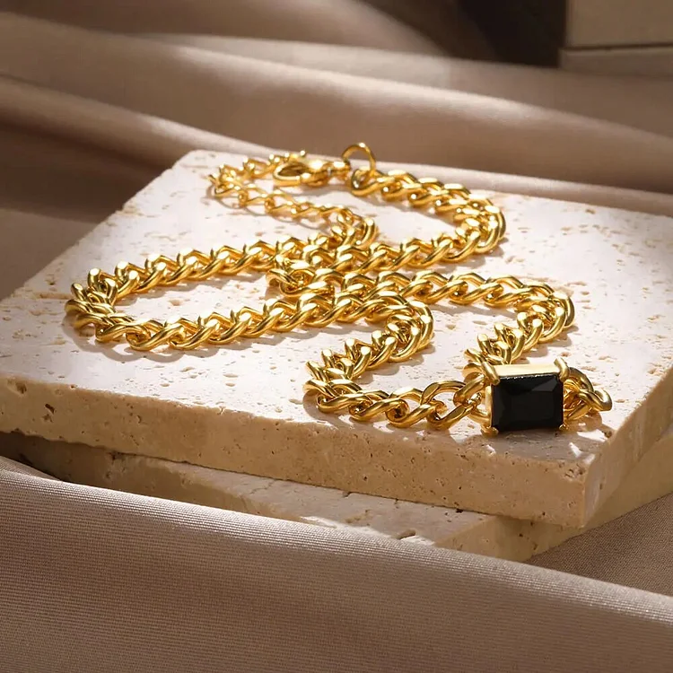 Fulaigao Gold Color Stainless Steel Necklace For Women Men Zircon Pendant Cuban Chain Choker Fashion Geometric Jewelry Accessory Collar