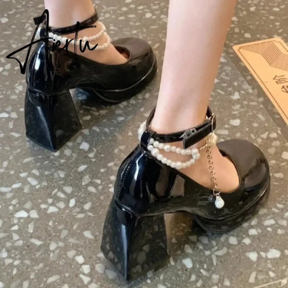 Aiertu New Ladies High Heels Elegant Bow Square Toe Black High Heels Fashion Thick Heel Wedding Party Pearl Lace Wedding Shoe Aiertu