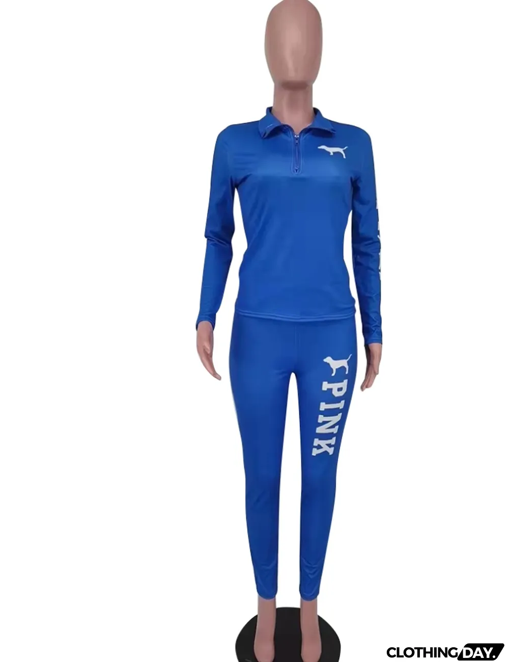 Spring Blue Print Tight Hoody Two Piece Pant Set Tracksuit