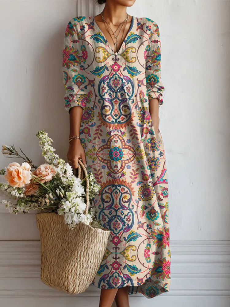 Women's Vintage Flower Art Print Linen Pocket Dress