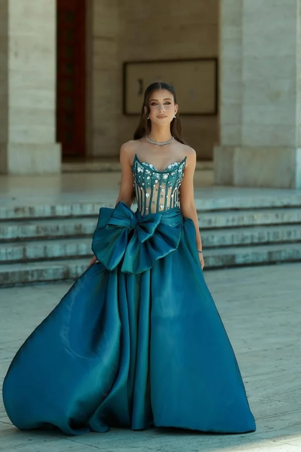 Miabel Charming Strapless Sleeveless Bow Long Prom Dress With Rhinestone 