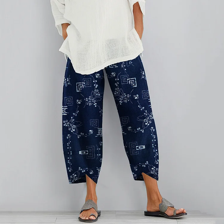 Vintage Geometric Patterns Japanese Art Cropped Casual Pants