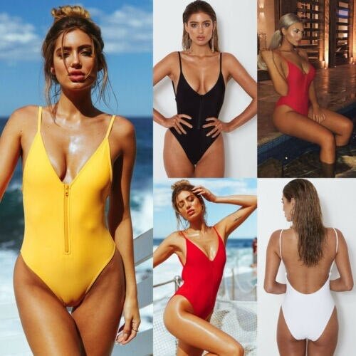 Women Monokini Zipper Front Solid Swimwear Padded Bra Backless One Piece Bikini Bathing Suit S-XL