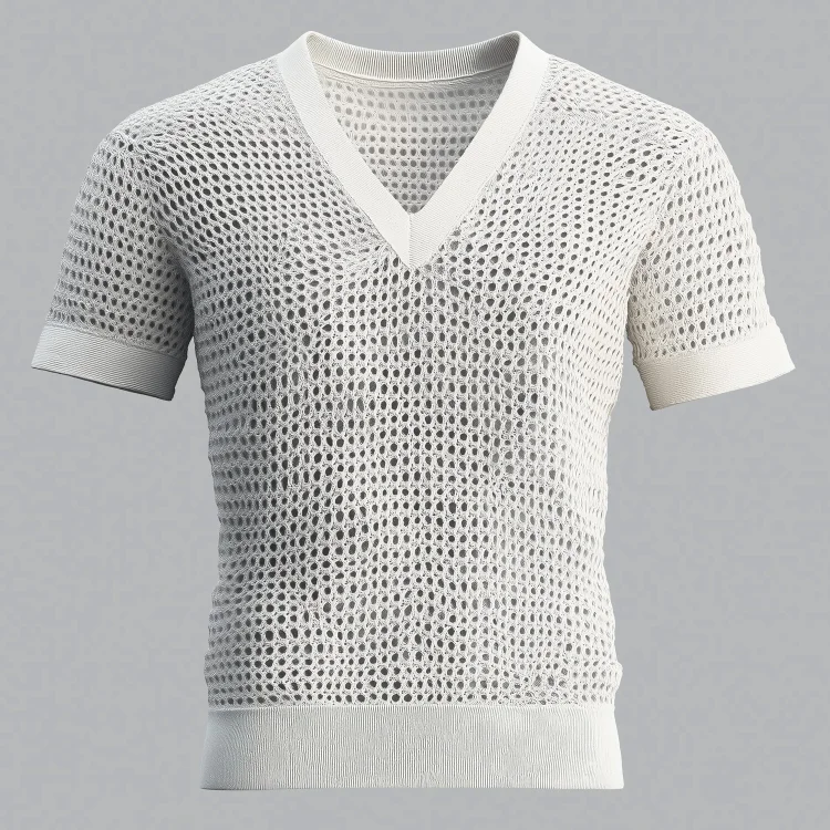 Men's V Neck Short Sleeve Hollow Out Crochet Knit T-Shirt