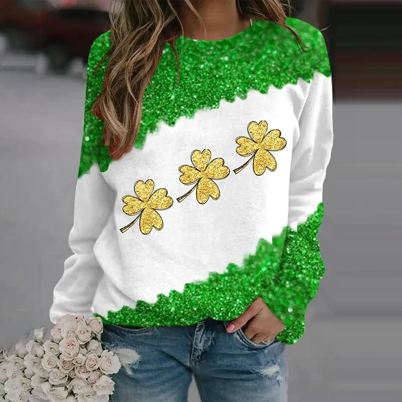 St. Patrick's Day Glitter Lucky Shamrock Print Casual Sweatshirt