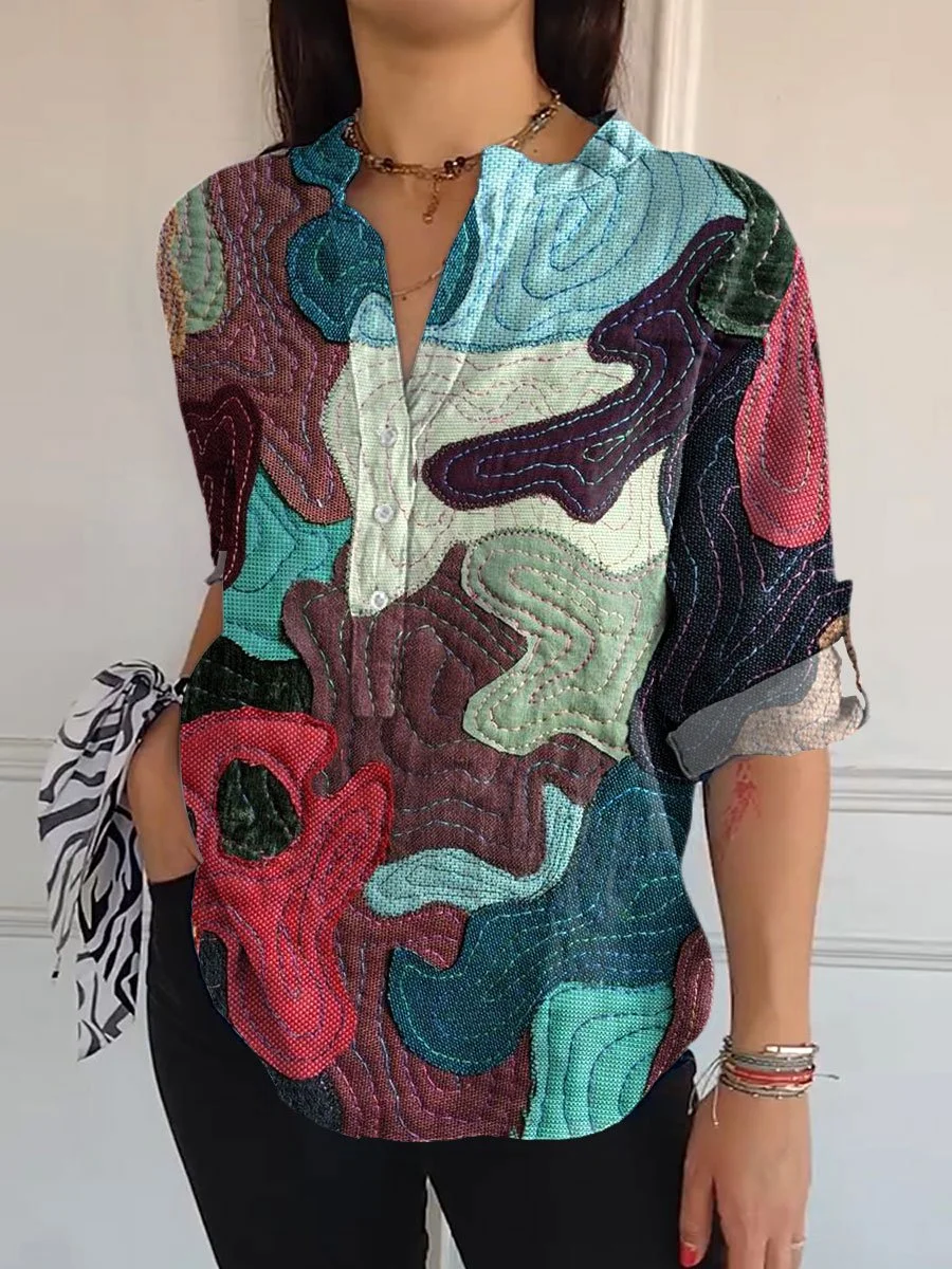 Women's Vintage Art Print Casual Long Sleeve Comfortable Cotton Shirt