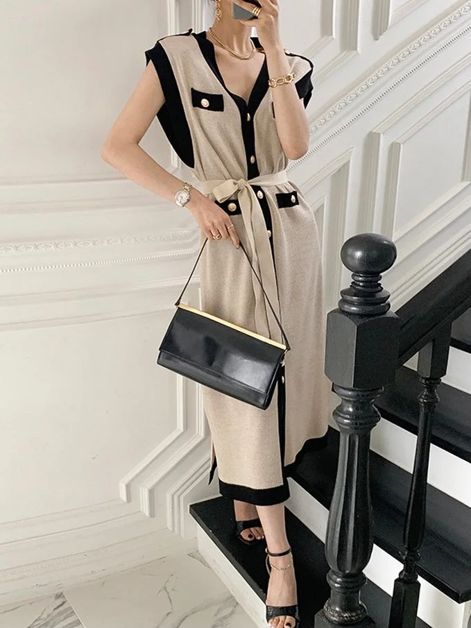 Knitted Color Contrast Button Down Side Split Self Belt Dress