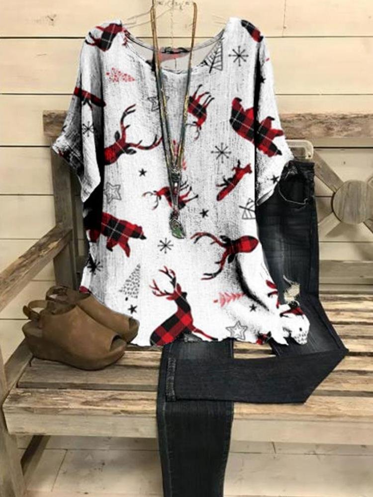 Women's Christmas Tree Elk Print Round Neck Short Sleeve T-Shirt