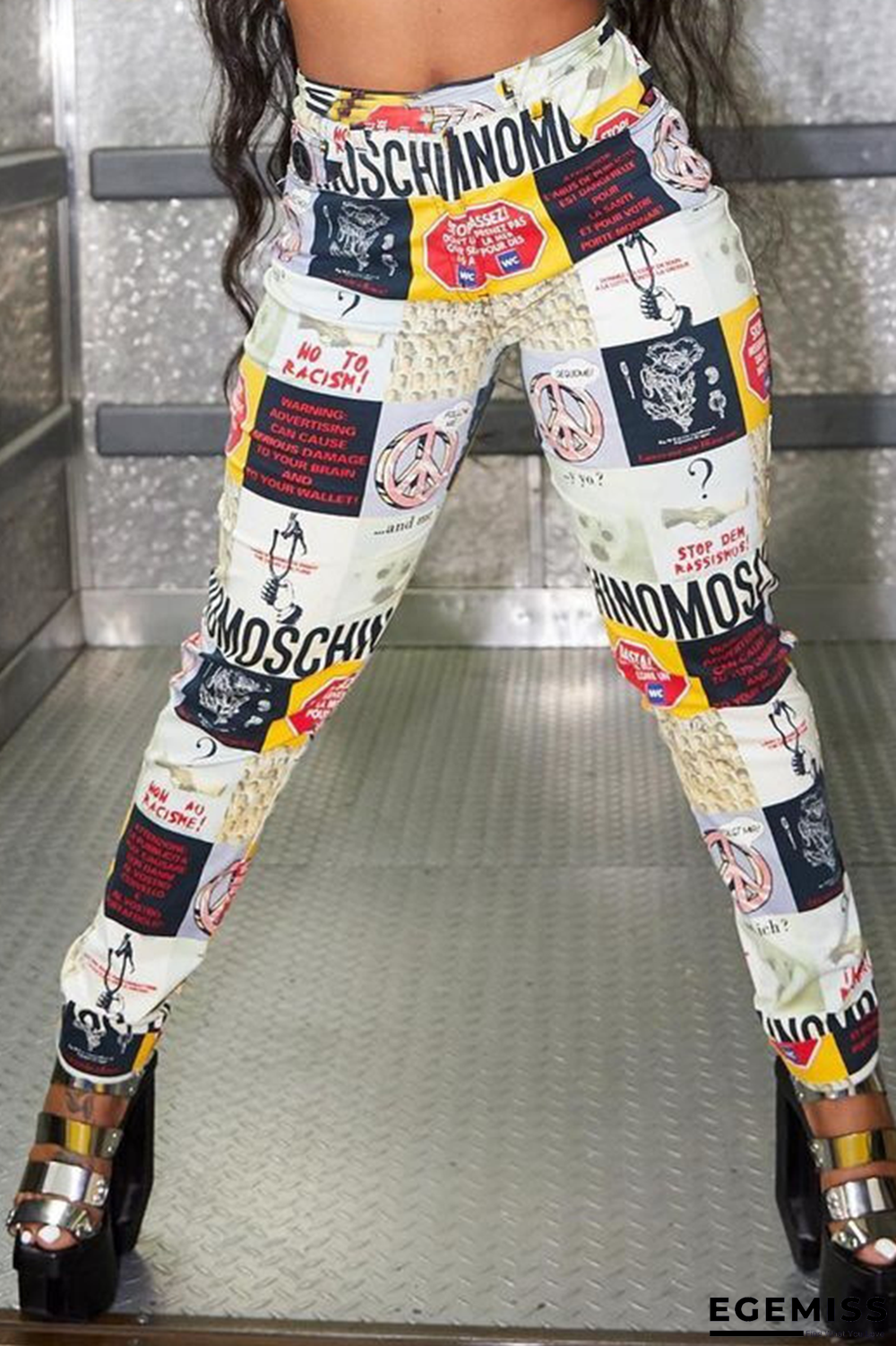 White Casual Print Patchwork Skinny High Waist Pencil Full Print Bottoms | EGEMISS