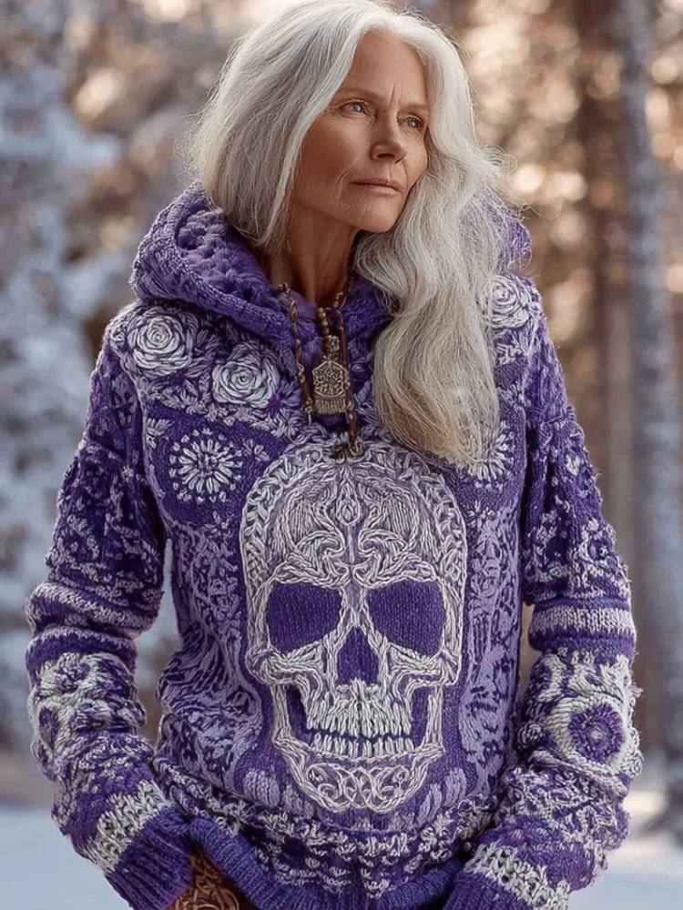 Halloween Skeleton Element Viking Style Women's Hooded Pullover Knit Sweater