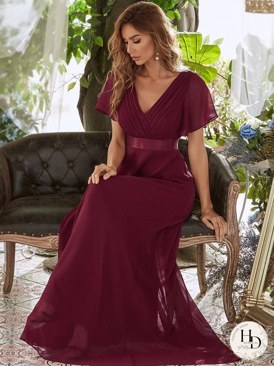 Elegant Double V-Neck Ruffled Padded Evening Gowns