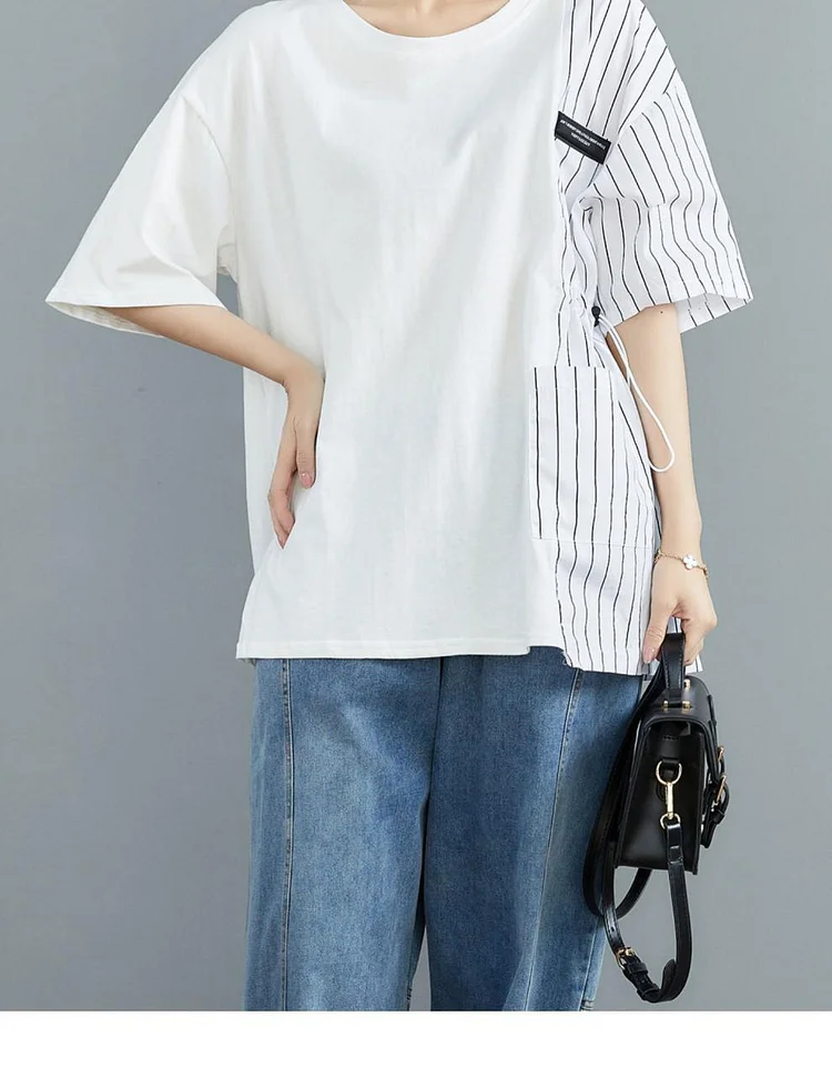 Vintage Striped Splicing Short Sleeve T-Shirt