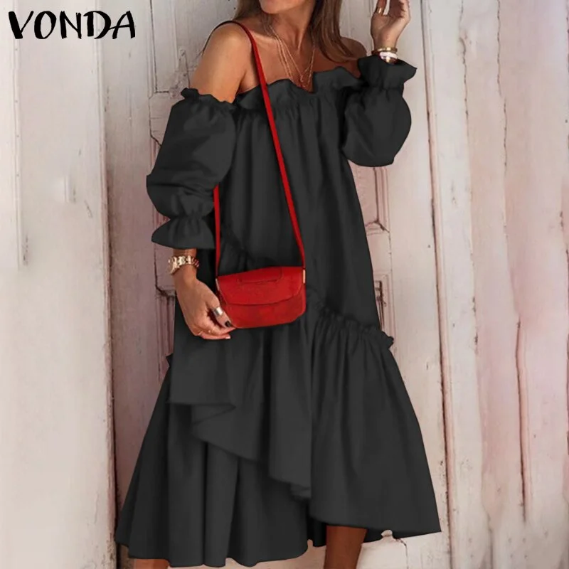 2022 VONDA Summer Sexy Off Shoulder Dress Women Long Sleeve Irregular Hem Lace Pleated Midi Sundress Bohemian Party Beach Robe