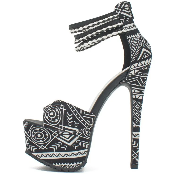 Black and White Floral Peep Toe Heels   with Ankle Strap Vdcoo