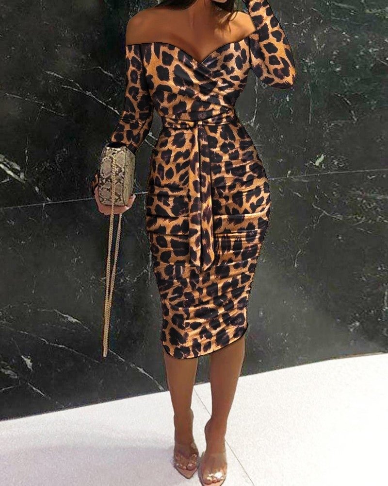 Leopard Print Off Shoulder Ruched Bodycon Dress | EGEMISS