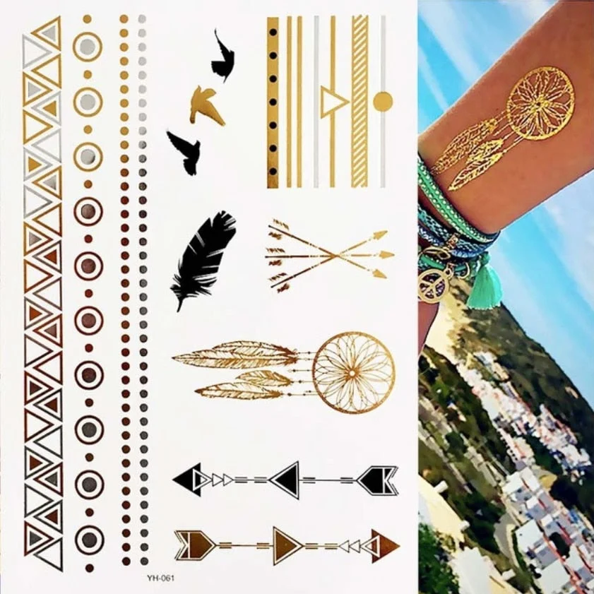 Flash Metallic Waterproof Temporary Tattoo Gold Silver Tatoo Women Henna Mandala Flower Lace Taty Indian Arabic Tattoo Sticker