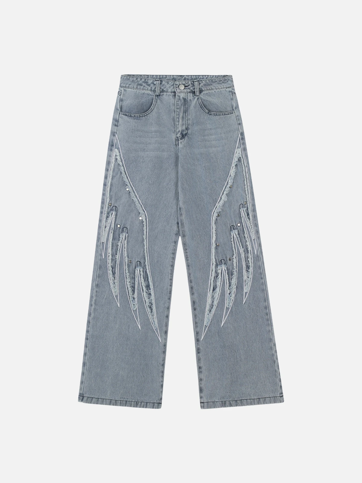 Blue Rivet Wing Patch Embroidered Loose Jeans Front