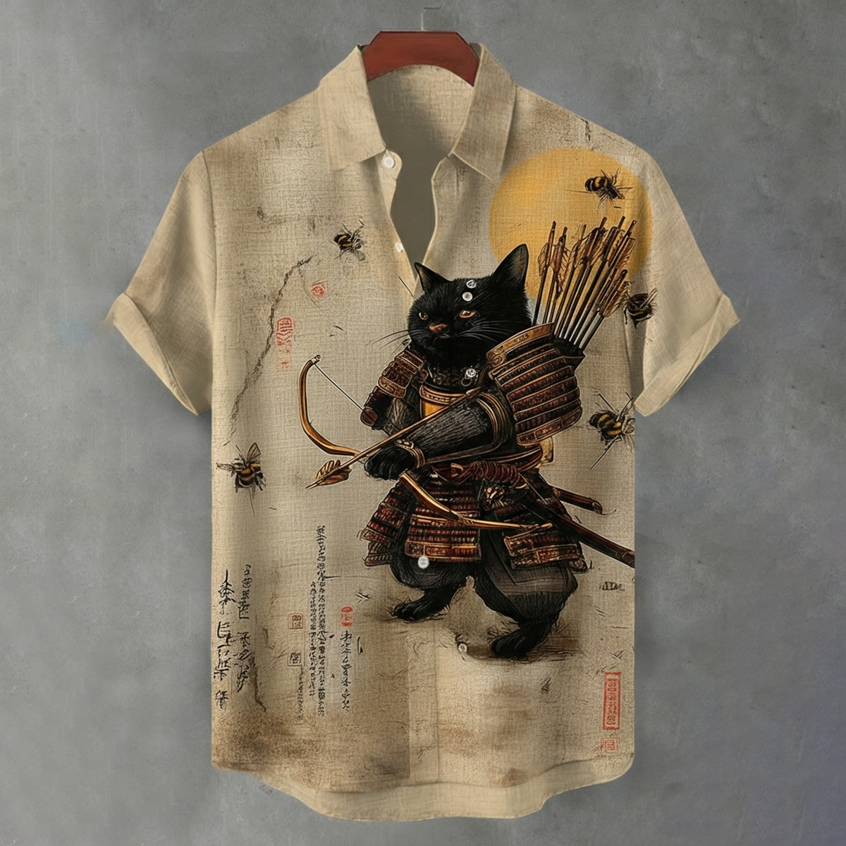 Men's Black Cat Warrior Calligraphy Print Short-sleeve Shirt  artssus