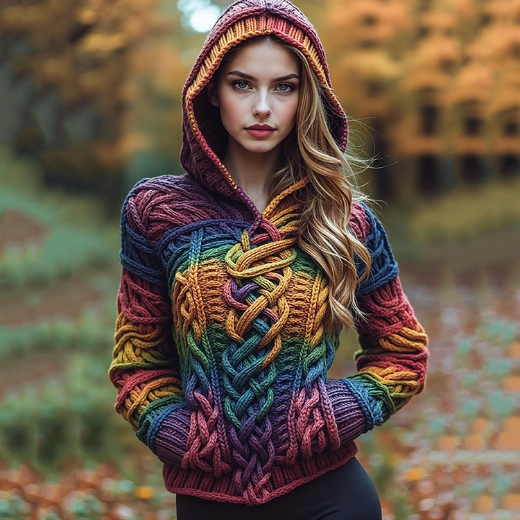 VChics Irish Rainbow Kettle Knot Pattern Jacquard Cozy Hooded Sweater