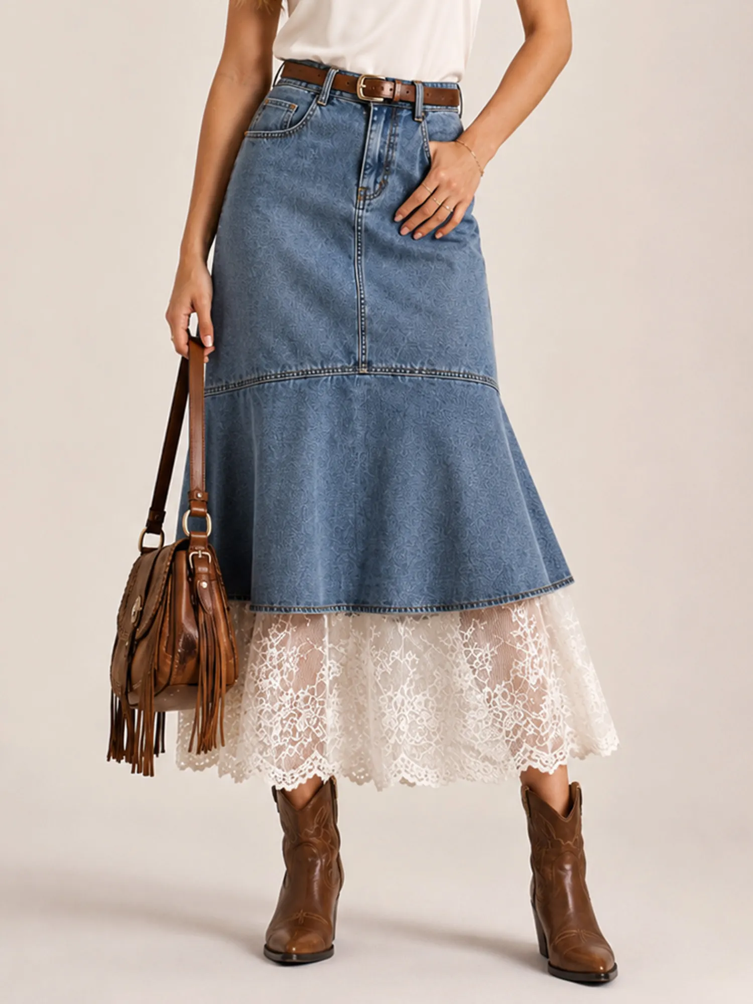 Perfect for an Autumn Desert Road Trip &mdash; Indigo Blue Floral Crochet Trim Soft Denim Women's A-Line Skirt