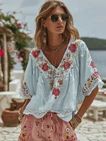 Women's Vintage Floral Art Linen Comfy Shirt - Image 6